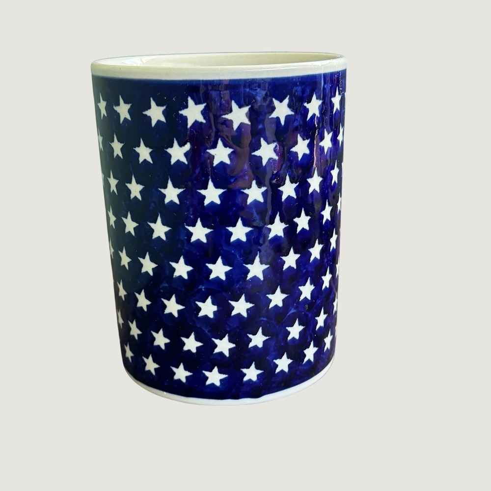 Boleslawiec Polish Pottery Star Utensil Holder Crock Cobalt Blue White Stars